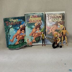 Disney Tarzan and Tarzan & Jane vhs movies, Tarzan figure,book other figures